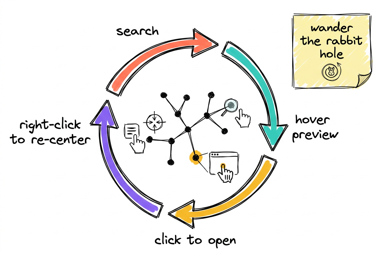 Type, fan out, click, re-center, repeat